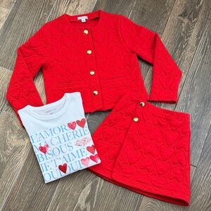 J.Crew Girls’ Red Heart Quilted Jacket/Wrap Skirt and “L’Amour Sequin Tee—S